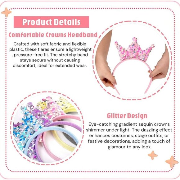 12 Pack Glitter Princess Crown Headbands for Girls Women Party Gifts main image 7